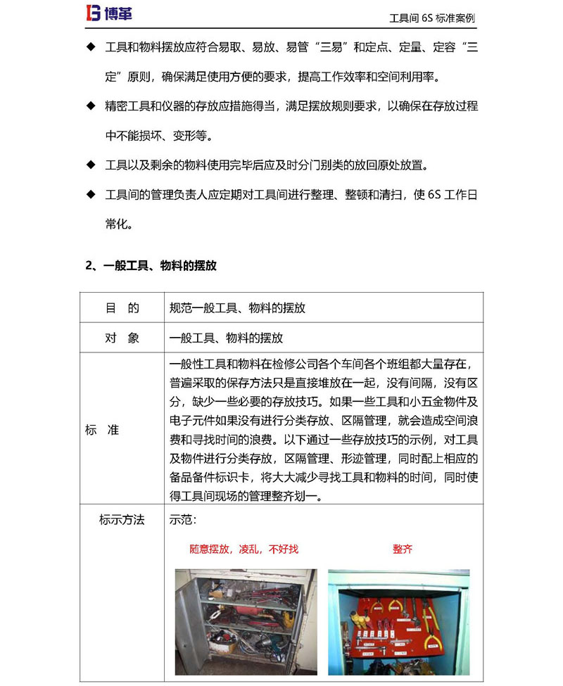 工具間一般工具，物料的擺放